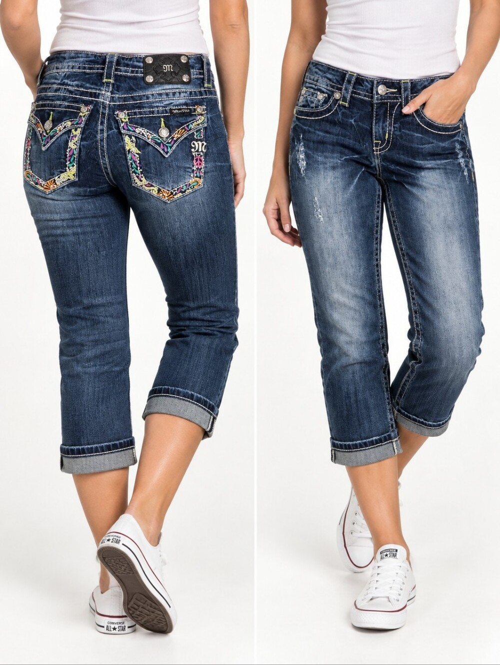 Miss Me Size 26 Cuffed Capri Jeans Embroidered Rhinestone NWT